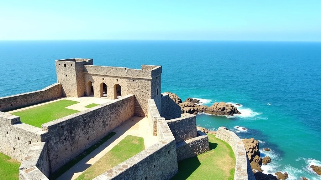 Vista aérea de las murallas de piedra del Castillo San Felipe del Morro con el océano atlántico al fondo