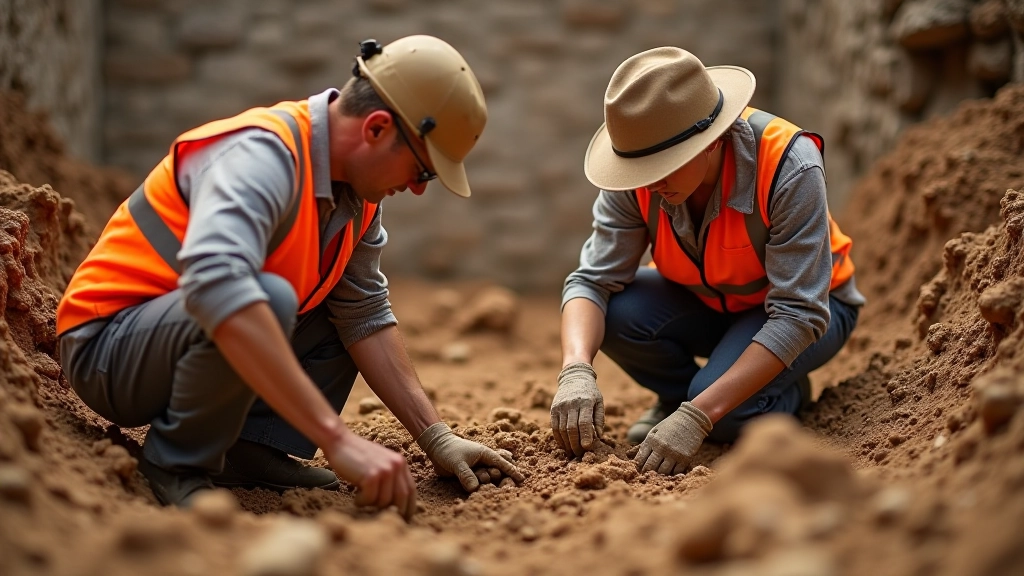 Trabajadores de arqueología excavando cuidadosamente en capas de tierra y piedra colonial, con herramientas especializadas en una zona del castillo