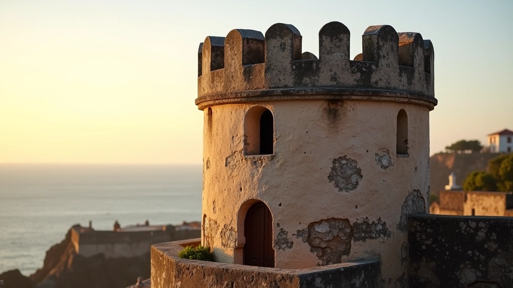 Detalles de las garitas de vigilancia del Castillo mostrando la arquitectura de las pequeñas torres defensivas con vista al océano atlántico