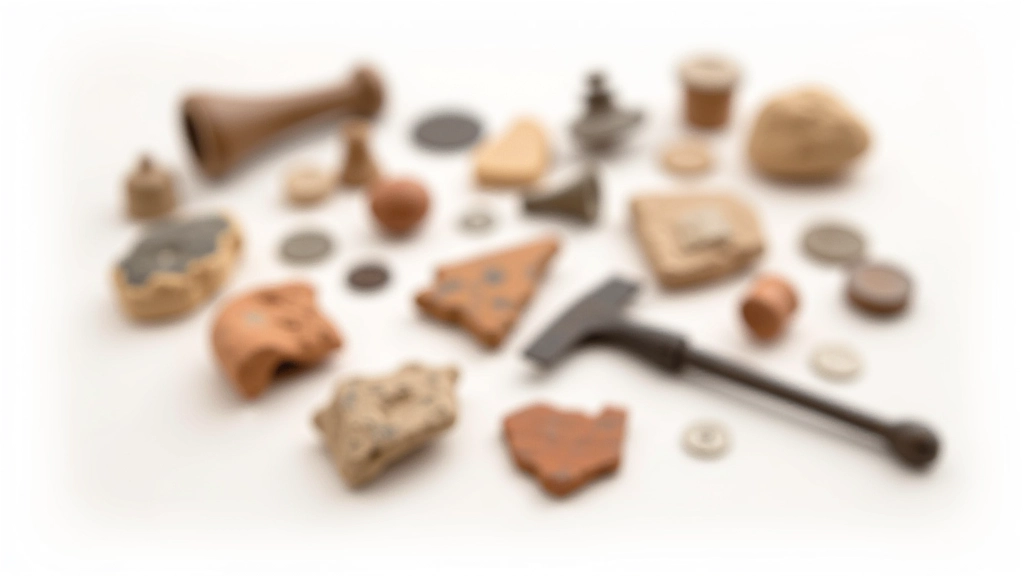 Primer plano de artefactos coloniales catalogados incluyendo cerámica, monedas y herramientas de hierro dispuestas en bandeja de laboratorio