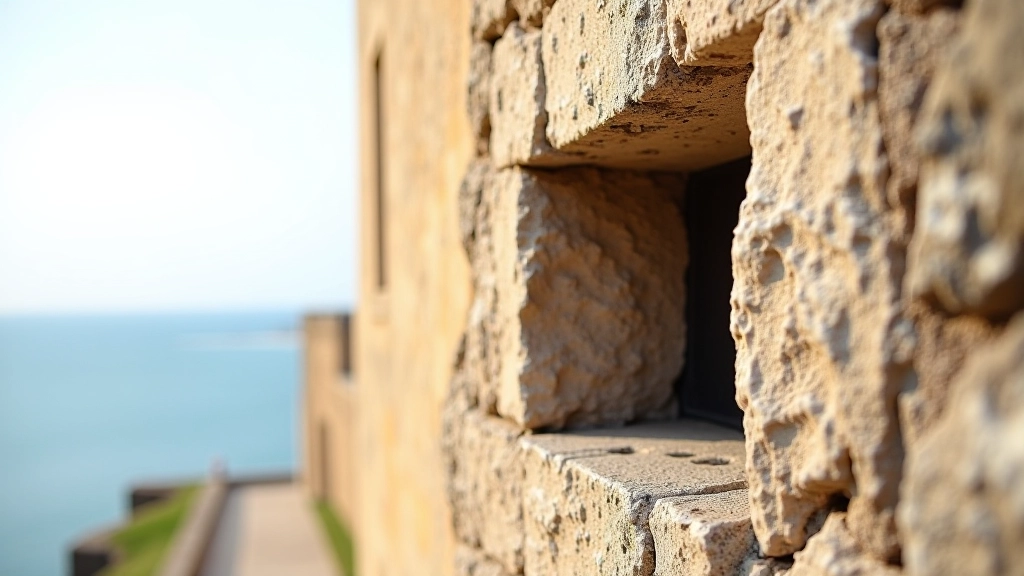 Detalle de una garita colonial con vistas al mar, estructura de piedra con pequeñas ventanas de vigilancia