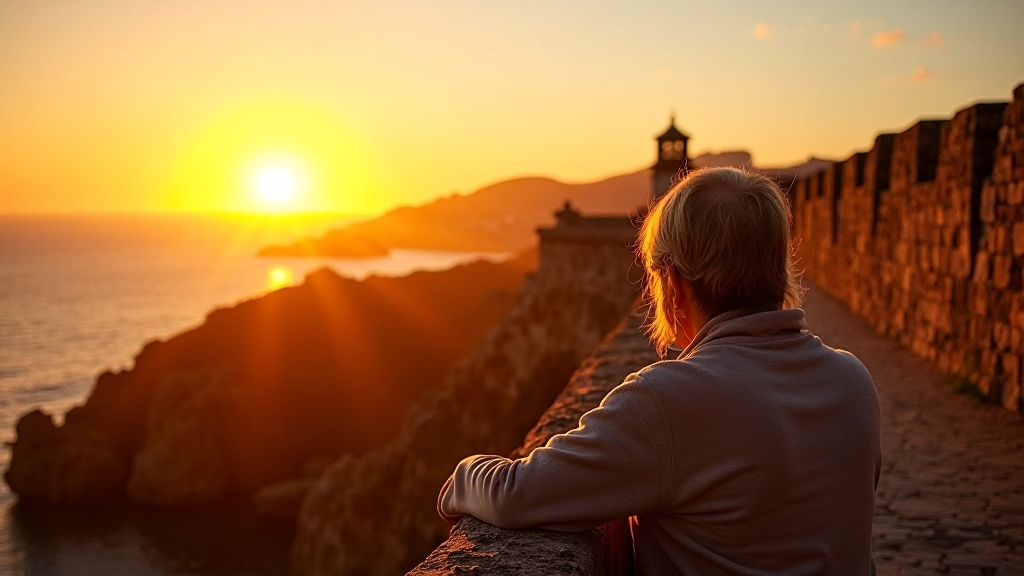 Atardecer dorado en las murallas coloniales con arquitectura histórica iluminada por luz cálida del atardecer
