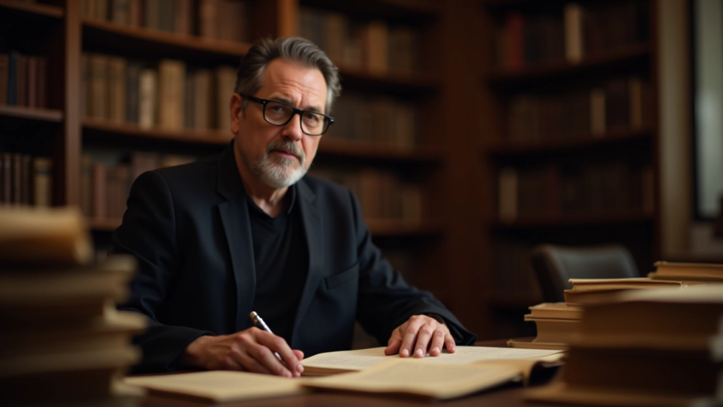 Roberto Meléndez Figueroa trabajando en su oficina rodeado de libros de historia colonial y documentos de investigación