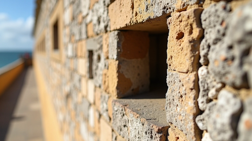 Estructura de piedra de una garita colonial con detalles arquitectónicos de ventanas de vigilancia pequeñas y redondeadas