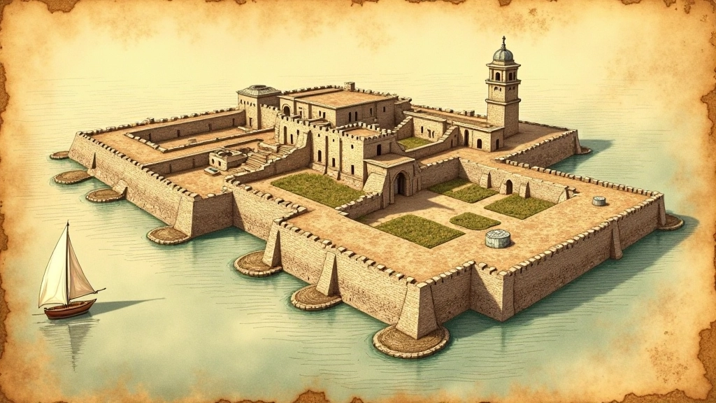 Mapa histórico del siglo XVI mostrando el plan de defensa original del Castillo San Felipe del Morro en la bahía de San Juan