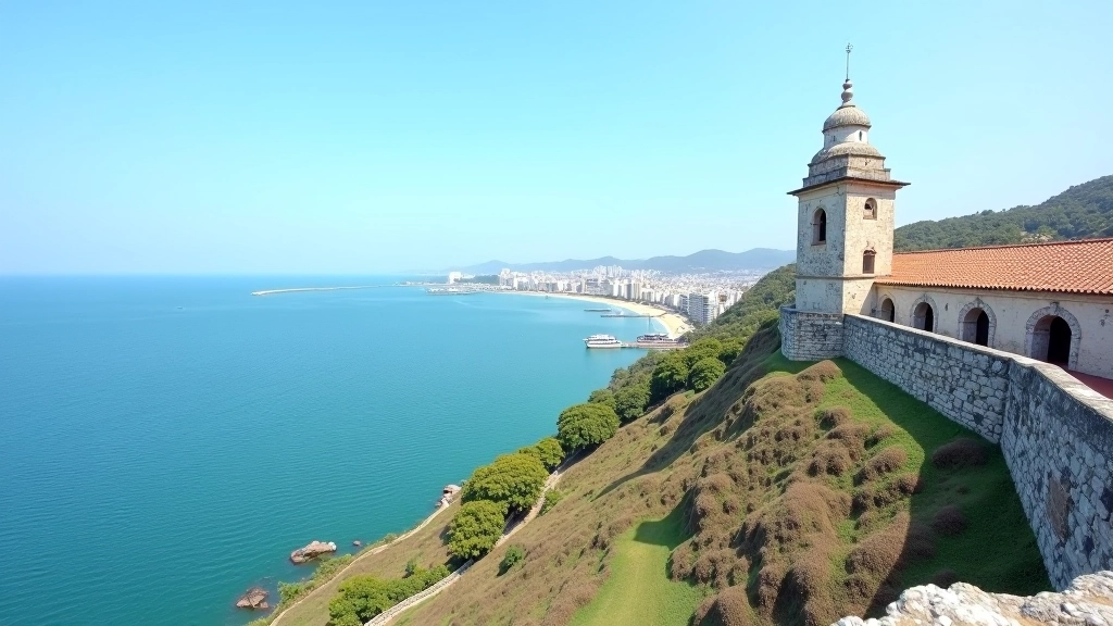 Vista panorámica desde una garita colonial sobre el puerto histórico y las aguas de la bahía con horizonte marítimo
