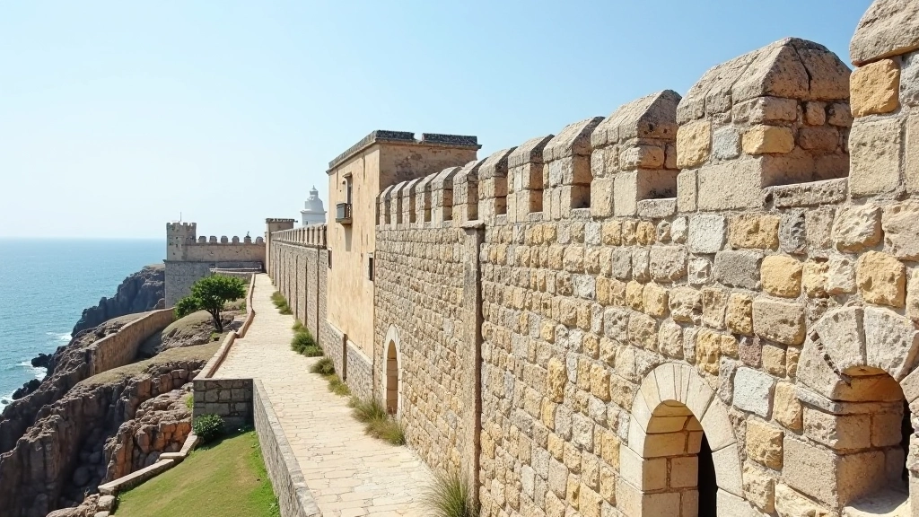 Vista panorámica de muralla restaurada del Castillo San Felipe del Morro mostrando secciones reconstruidas de piedra con diferentes tonos indicando trabajos modernos