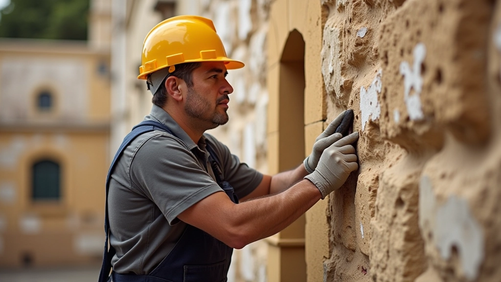 Especialista en restauración trabajando en muro de piedra colonial, limpiando y reparando mortero antiguo con herramientas especializadas