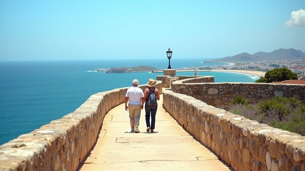 Pareja de personas mayores caminando por el camino de ronda de las murallas con vistas panorámicas del Atlántico