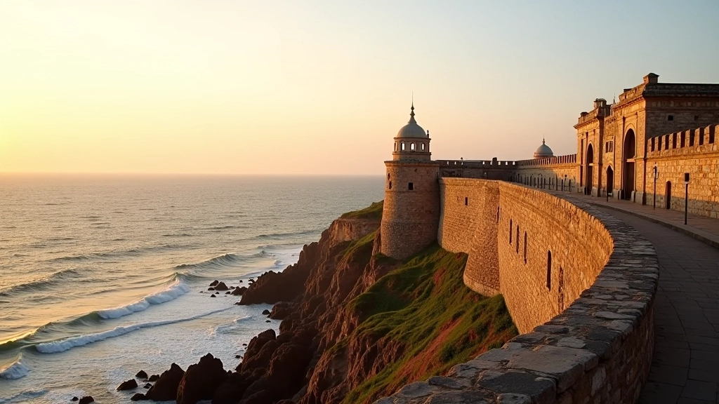 Vista panorámica de las murallas de piedra del Castillo San Felipe del Morro con el océano Atlántico al fondo durante el atardecer